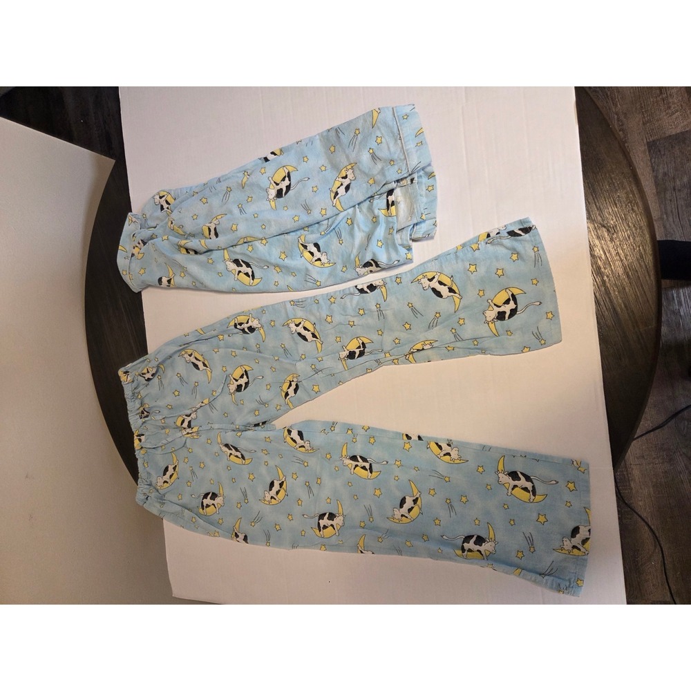 So Heavenly Pajama Set Blue Flannel Cow Moon Stars Cotton Sleepwear Womens M